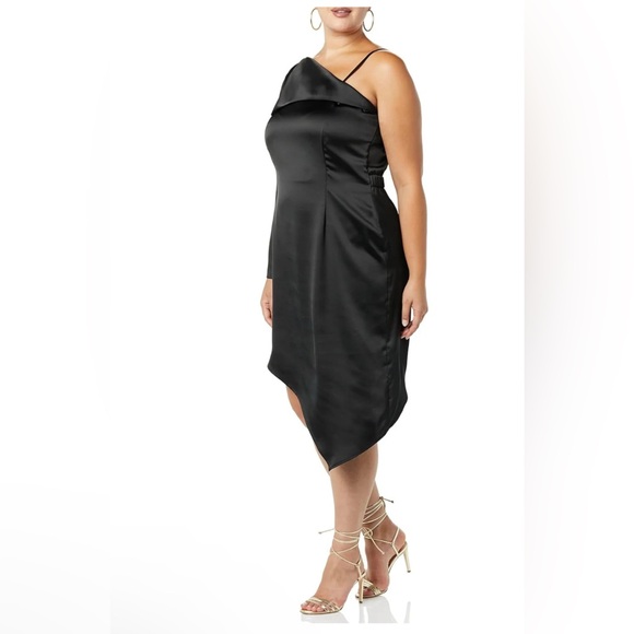 Making The Cut Black Satin Asymmetrical Midi Dress One Sleeve Plus Size 2X NWT 🌟 - Picture 2 of 2
